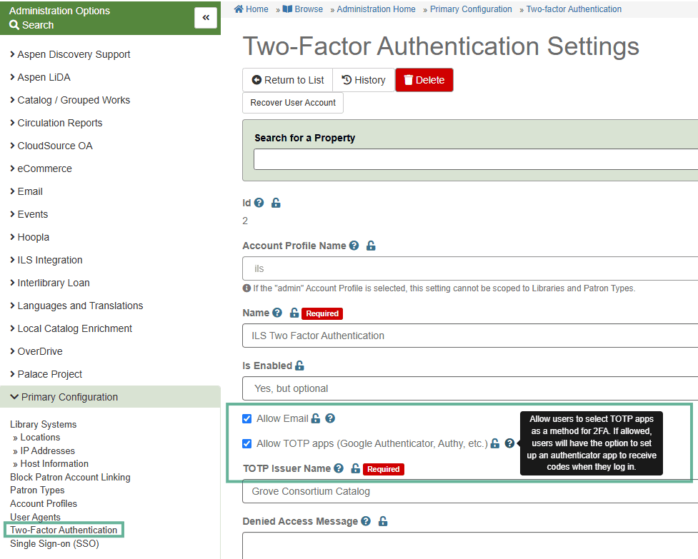Image of the Two-Factor Authentication Settings in the Aspen Administration