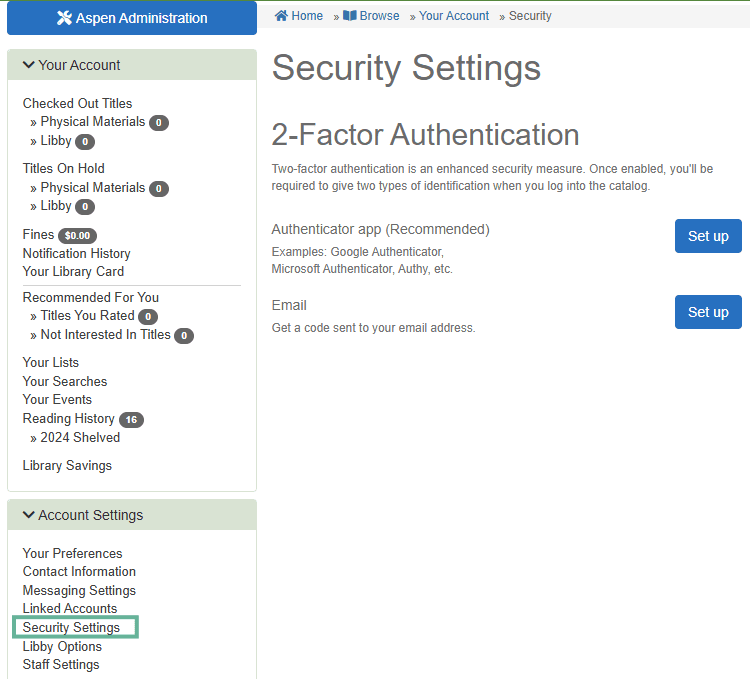 Image of the Security Settings for users that want to set up 2-Factor Authentication