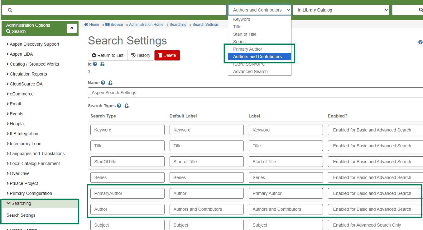 A view of the new Search Settings, including the new Primary Author and Contributors options.